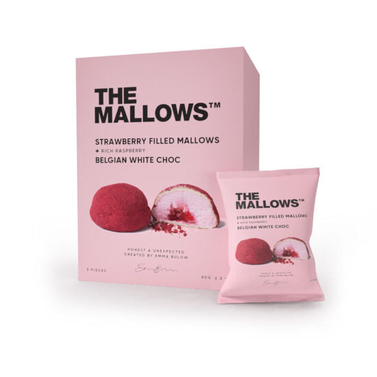 Jordbær fyldte Marshmallows med hvid chokolade og hindbærdrys, 5 stk.