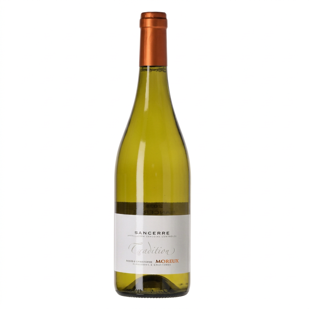 Sancerre med hvid baggrund og god luft omkring hele flasken